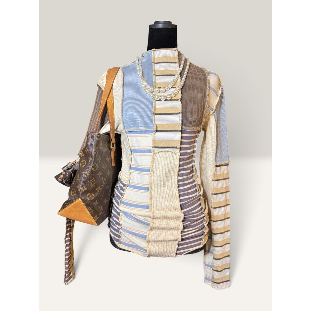 Oli & Hali Patchwork Long Sleeve Top Blue Tan Striped Mock Neck Exposed Seams M